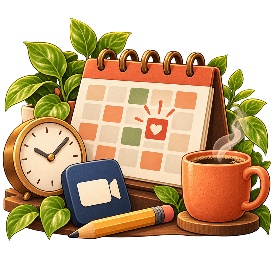 Illustrated appointment calendar, clock, video call icon, and coffee mug