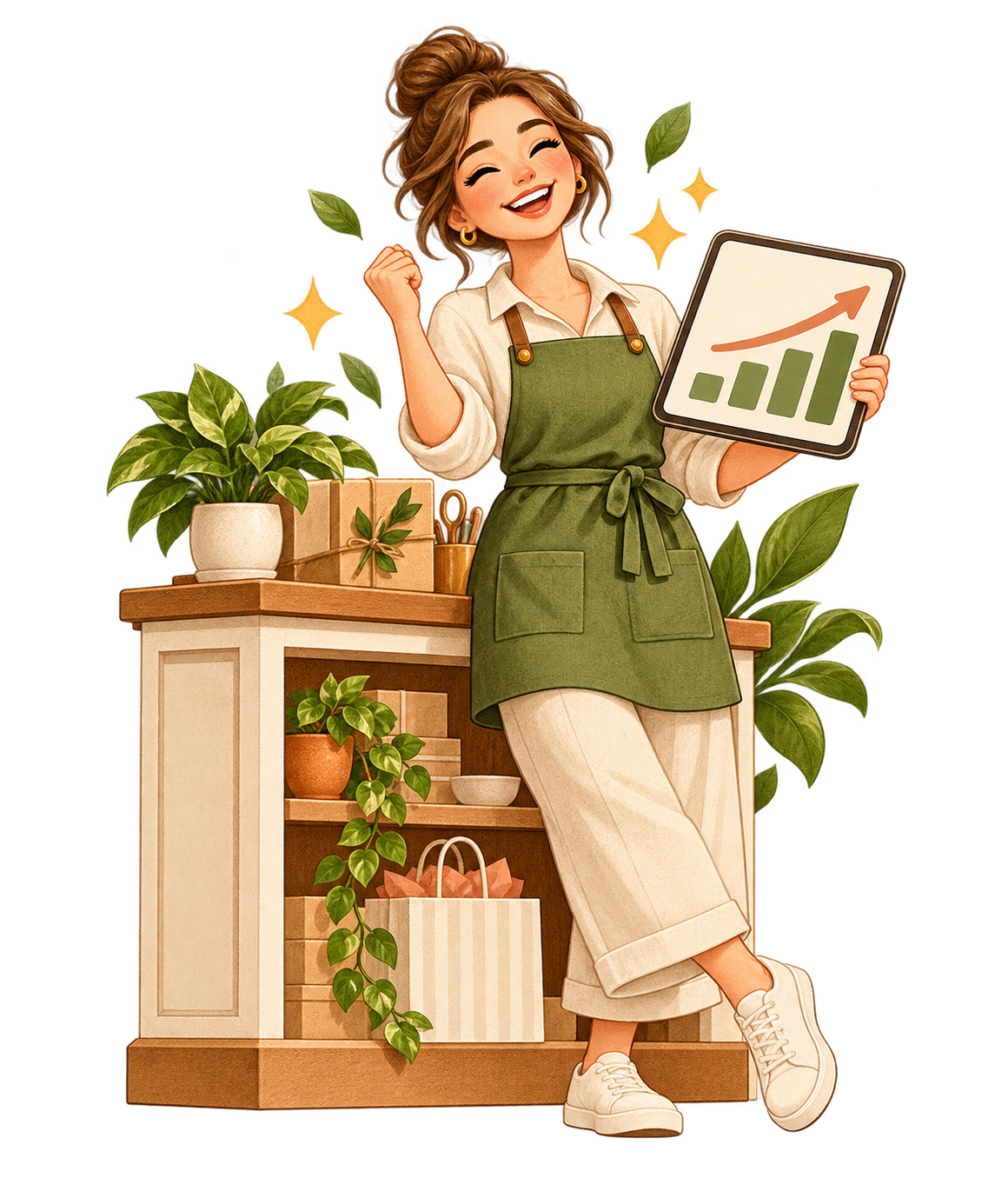 Illustration of a happy local shop owner celebrating business growth