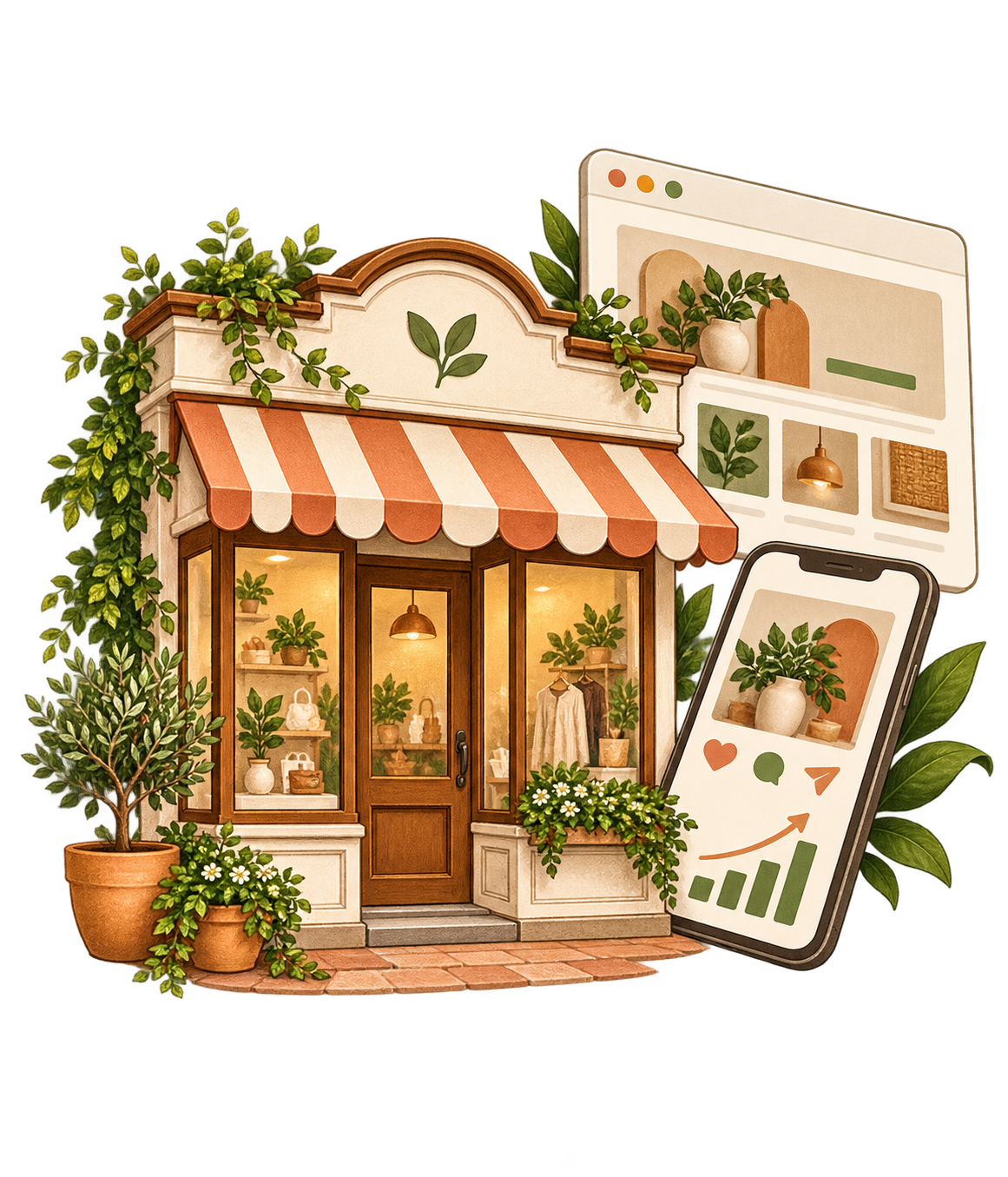 Illustration of a neighborhood storefront with website and social marketing screens